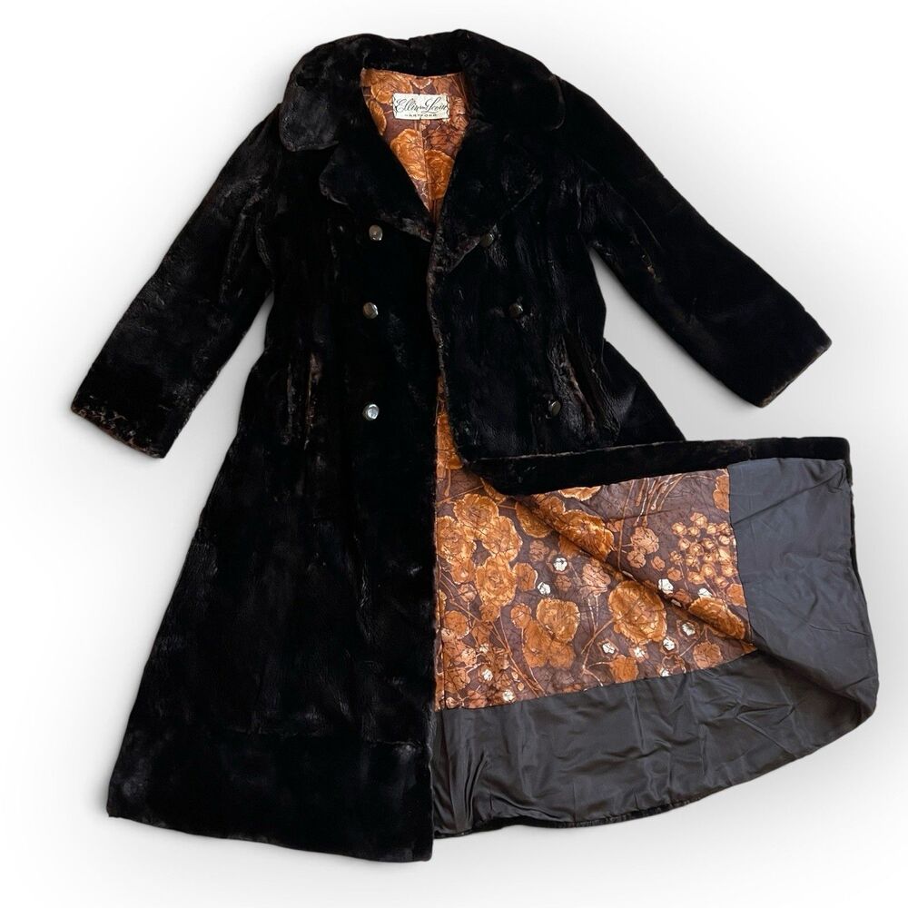Vintage 50s Fur Coat XS Double Breasted Midi Brown Sheared Beaver Mouton 40s